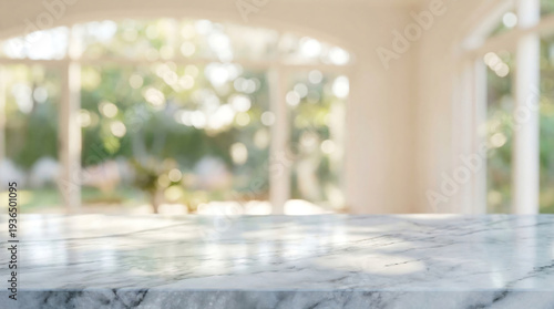 White marble table top with blurred bright window garden background for product display montage