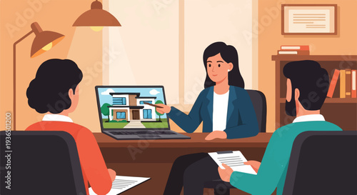 Real Estate Agent Showing House Plans on Laptop to a Couple