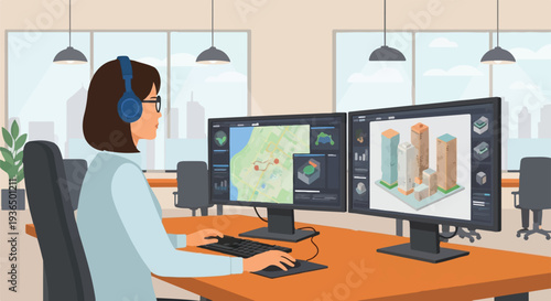 Woman in headphones focused on digital design, utilizing dual monitors for architectural 3D modeling and urban planning software in a contemporary office setting, showcasing technology at work