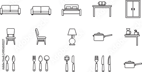 Set of home furniture and kitchenware line icons featuring sofa, bed, dining table, lamp, and cooking utensils for interior design.