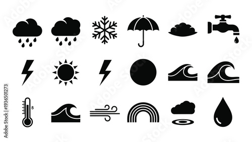 A collection of weather icons in black and white