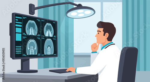 Medical professional diligently analyzes advanced diagnostic scans on a digital monitor, ensuring accurate patient health assessment through modern technological insights