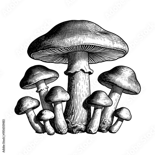 Antique wild forest mushrooms etching illustration for vintage botanical concept