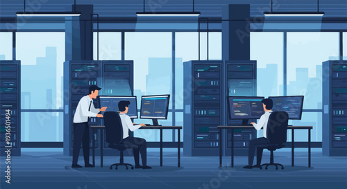 Server room with employees working on computers, data center environment, technology and infrastructure