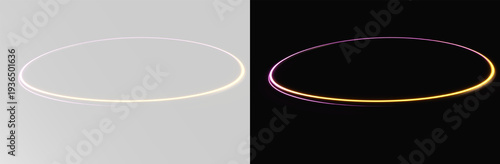 Futuristic circular neon wave motion with shiny elliptical trails and elegant design elements, gold and violet overlay neon round png 