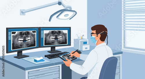 Dentist examining dental x-rays on computer screens in a modern clinic with high-tech equipment