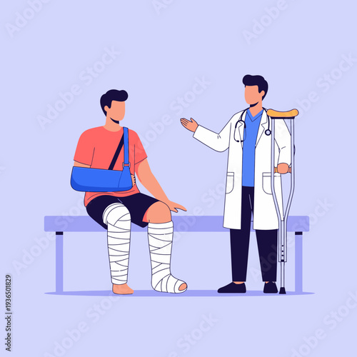 Doctor consults injured patient with arm sling and leg cast, sitting on bench