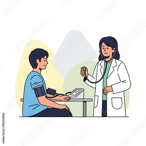 Doctor checking patient's blood pressure with stethoscope and sphygmomanometer in clinic
