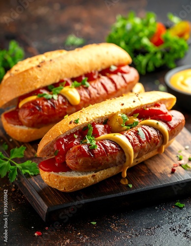 Two hotdogs on buns with condiments on a wooden board