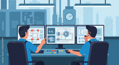 Engineers actively monitor complex industrial control systems and data streams within a high-tech operations center, ensuring optimal performance and system security