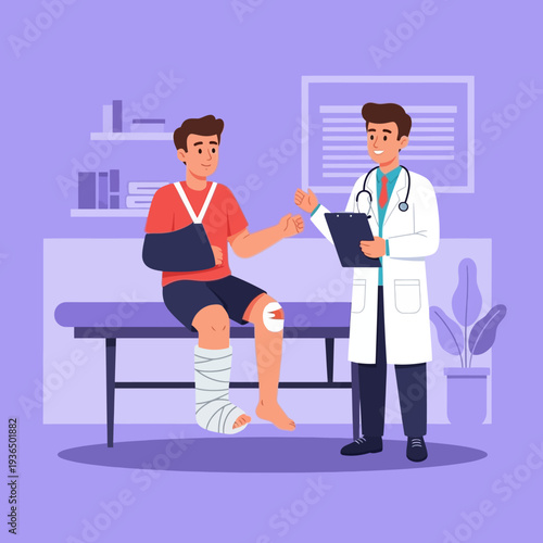 Doctor Consults Injured Patient with Arm Sling, Leg Cast, and Knee Bandage in Clinic
