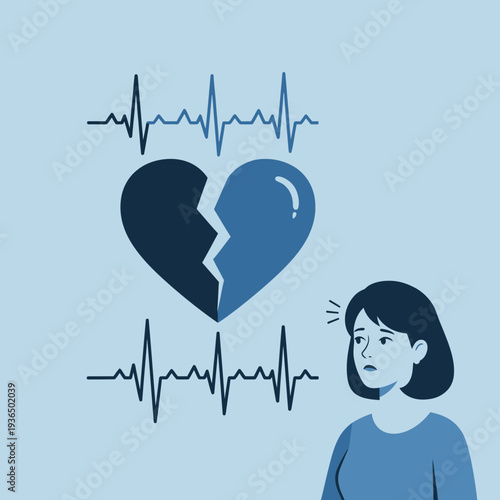 Broken Heart Symbol with ECG Line and Worried Woman - Heartbreak, Sadness, Health Concept