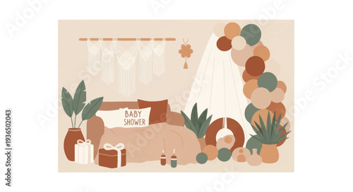 Boho style baby shower decoration with balloons, gifts, pampas grass and greenery in warm earthy tones, perfect for cozy event designs