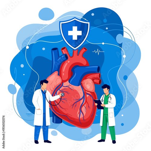 Cardiology Care: Doctors examine heart health with shield protection and ECG.
