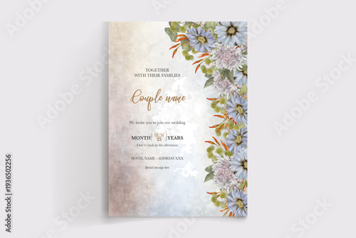 WEDDING INVITATION FRAME WITH FLOWER DECORATIONS AND FRESH LEAVES