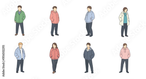 Diverse faceless people wearing casual hoodies and jackets standing isolated on white background for fashion or lifestyle design