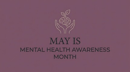 Mental Health Awareness Month Concept on Muted Plum Background, Elegant Minimalist Brain Silhouette with Plant Growing in Hands, Trustworthy Healthcare Graphic Design with Copy Space