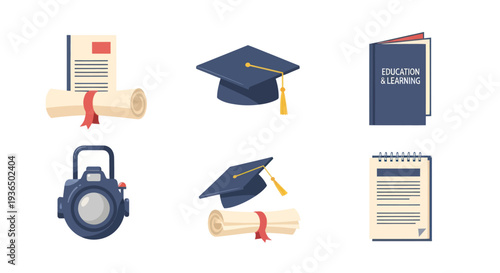 Education and learning concept icons set with graduation caps diplomas book and camera, ideal for academic and educational projects