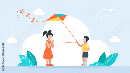 Happy children playing with a colorful kite in the park, cheerful boy and girl enjoying summer outdoor activities, childhood fun and friendship concept in flat style. Vector illustration.