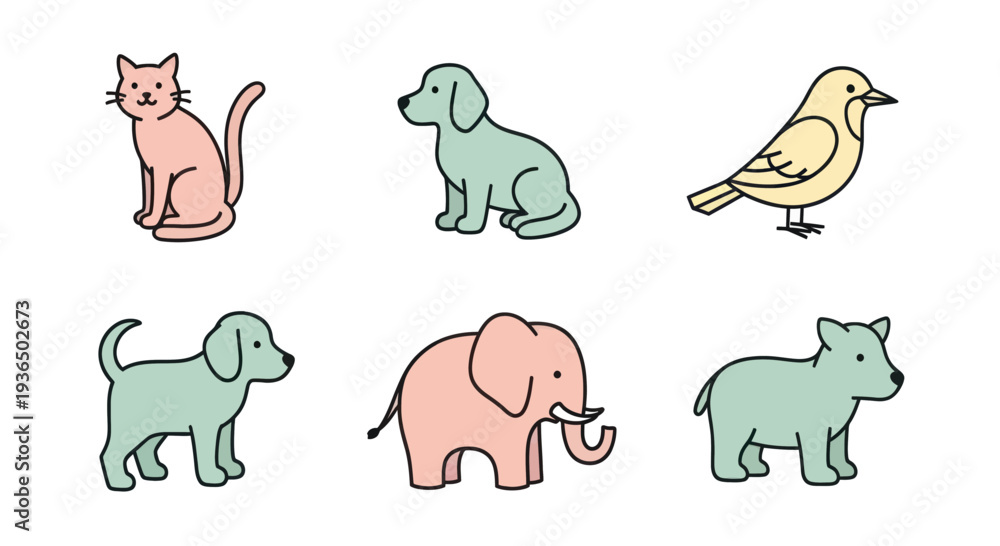 Obraz premium Cute cartoon animals illustration including cat, dog, bird, elephant and rhino in soft pastel colors, perfect for kids books and educational materials