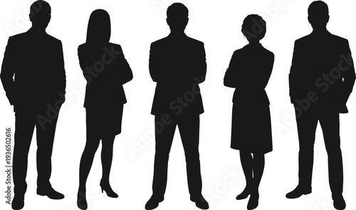 Business People Silhouette Vector Set Featuring Professional Men and Women Standing in Corporate Poses, Teamwork, Leadership, Office Staff and Executive Character Silhouettes for Business Design