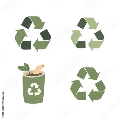 Green recycle symbols and compost bin icon with plant for eco-friendly waste management and sustainable environmental awareness