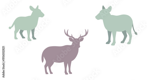 Minimalist animal silhouettes with deer and two cows in muted colors ideal for backgrounds and nature-themed designs