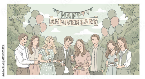 Happy anniversary celebration with friends enjoying outdoor party with balloons, drinks, and food in a garden setting