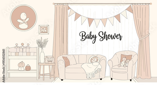 Neutral toned baby shower room interior with cozy sofa, armchair, decorative pillows, pumpkins, and festive bunting flags, perfect for event invitations
