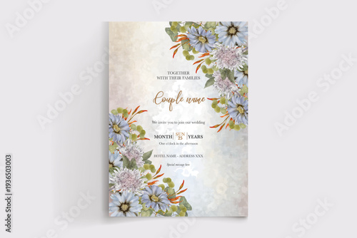 WEDDING INVITATION FRAME WITH FLOWER DECORATIONS AND FRESH LEAVES