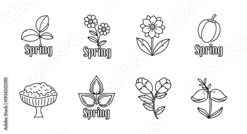 Hand-drawn spring botanical icons outline set with leaves, flowers, fruit and natural elements for seasonal design and nature projects