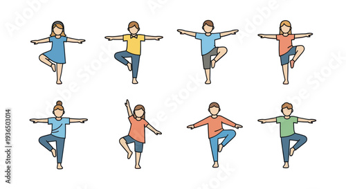 Group of children practicing yoga tree pose, balance and fitness exercise for kids wellness and mindfulness development