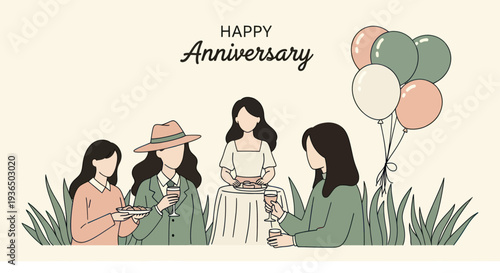 Happy anniversary celebration with friends holding drinks and snacks, illustrated elegant party scene with balloons and greenery for invitations or social media