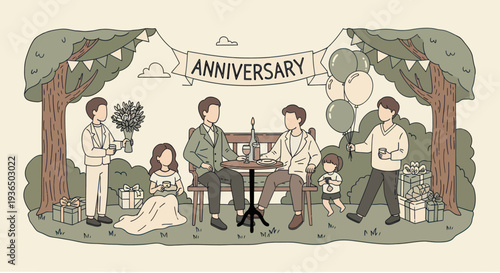 Illustration of a same-sex couple celebrating their anniversary with family and friends at an outdoor garden party, cozy and festive atmosphere