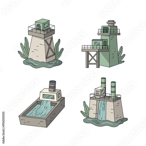 Industrial water treatment and hydroelectric plant buildings set, clean energy concept illustration for environmental and engineering projects