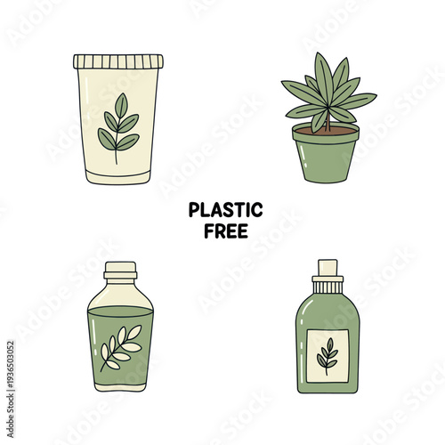Plastic free concept with eco-friendly containers and potted plant illustration for sustainable living and green lifestyle