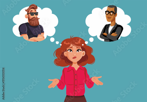 Puzzled Woman Choosing from Two Men Vector Illustration. Doubtful lady deciding between possible love partners
