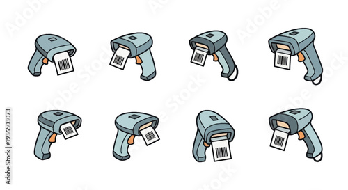 Set of barcode scanner illustrations with printed labels, technology icons for retail, inventory, or point of sale usage