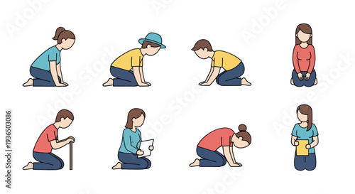 Set of cartoon people in various kneeling poses and actions, including praying, helping, reading, and resting, ideal for educational and religious use
