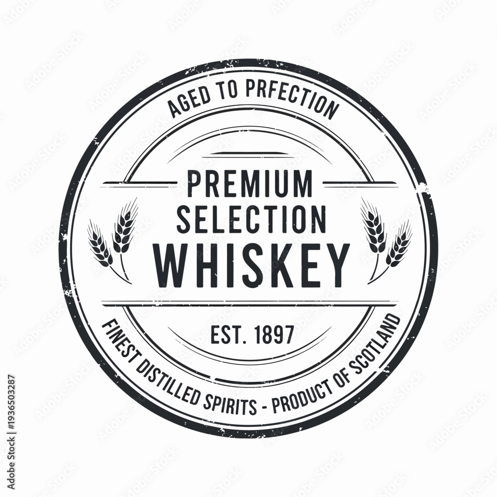 Fototapeta premium Retro Bourbon Distillery Logo with Elegant Decorative Frame and Classic Wooden Barrel Illustration