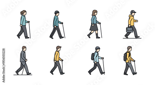 Set of diverse walking people with canes and backpacks, flat style illustrations for accessibility and urban mobility design