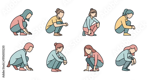 Set of diverse people squatting in various poses, flat style vector illustration perfect for lifestyle and wellness concepts