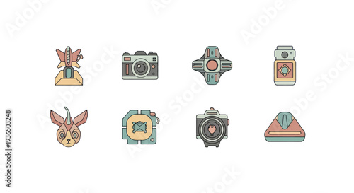 Set of eight abstract geometric icons with pastel colors, including camera, cross, animal head, and machine elements, perfect for tech or creative design projects