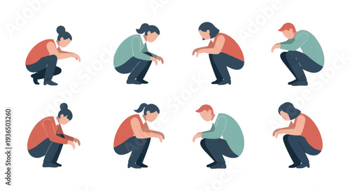 Set of diverse people crouching in contemplative poses, vector illustration for mental health, reflection, and emotional expression concepts