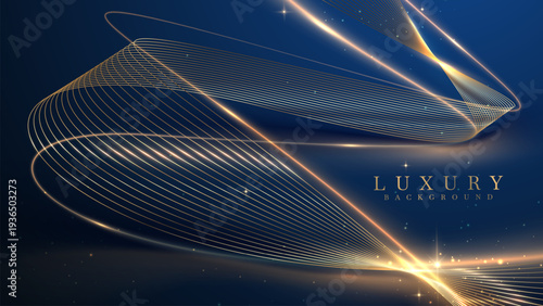 Abstract luxury gold line curve pattern wave on blue background with glowing neon lines and sparkling stars.
