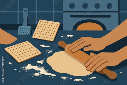 Matzah Baking Preparation Scene with Rolling Pin and Dough on Passover Eve in Flat Vector Style