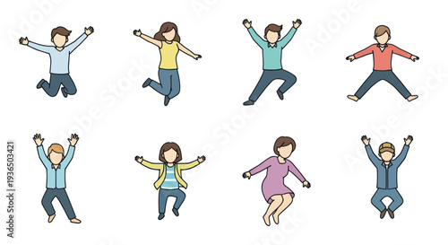 Set of joyful cartoon people jumping in celebration in casual colorful clothes, happiness and fun concept for design and marketing