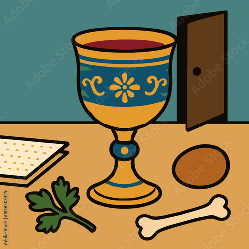 Elijah's Cup of Wine Waiting on the Passover Seder Table in Flat Vector Design