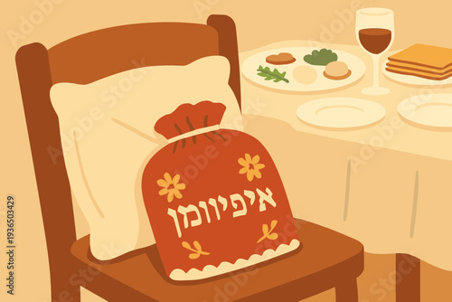 Afikoman Bag Hidden Under Pillow During Passover Seder in Cozy Flat Vector Scene