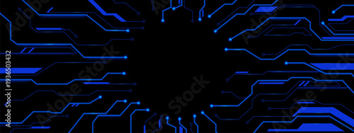 Future technology background with electronic circuit pattern on black background. Vector realistic illustration of abstract neon blue network lines forming circular frame for IT product presentation